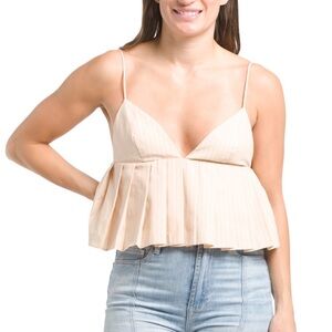 Zara Tan Pink Striped Cropped Pleated Top Size Small